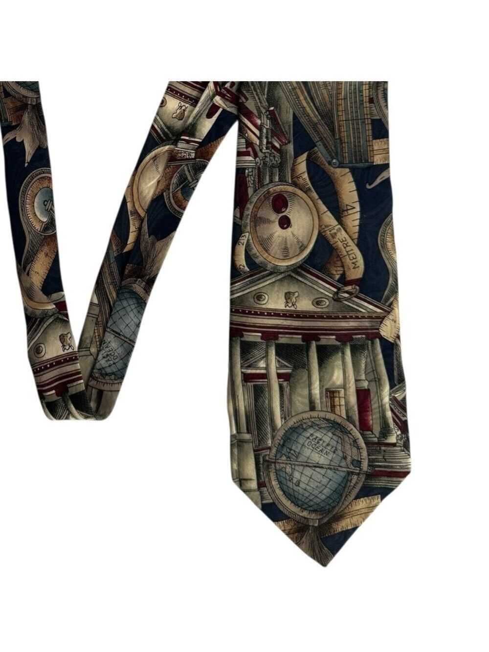 Vintage 100% Silk Tie Globe Architecture Dark Academia Nautical Print 90s EUC